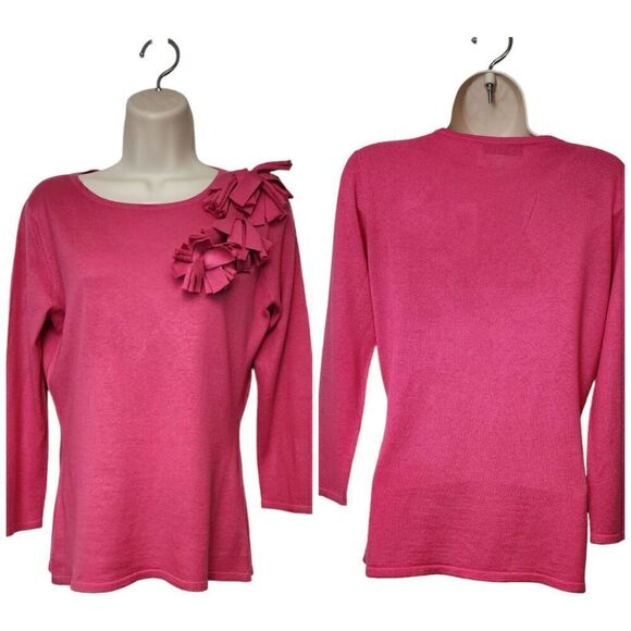 SAKS FIFTH AVENUE 3/4 Sleeve Cashmere Hot Pink Silk Comfy Sweater Size Medium - Picture 7 of 10